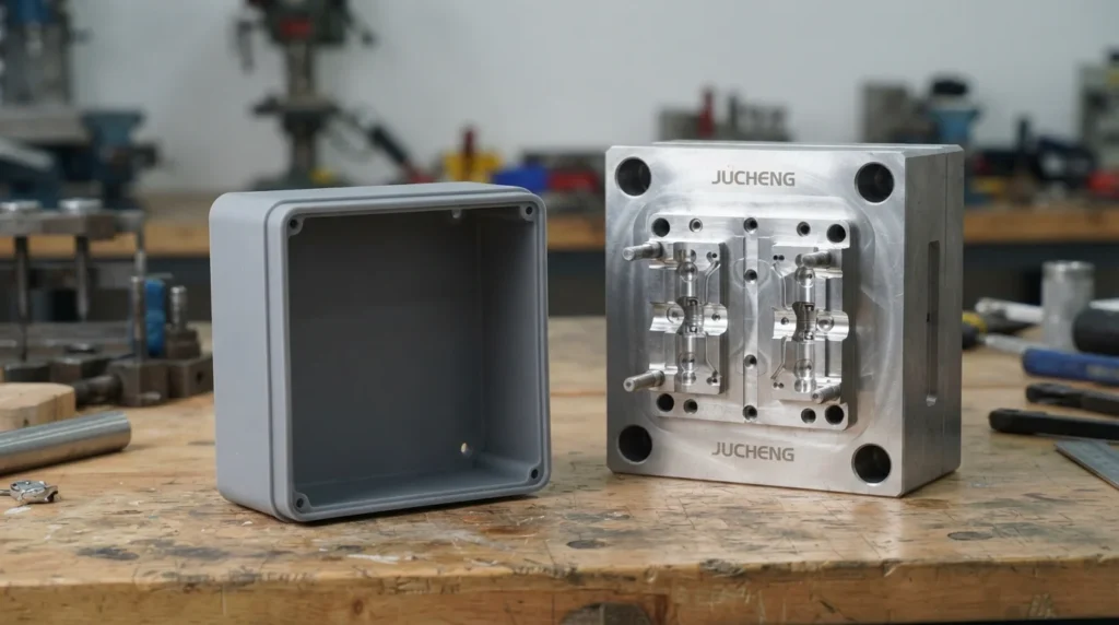 SLA printed enclosure beside mold